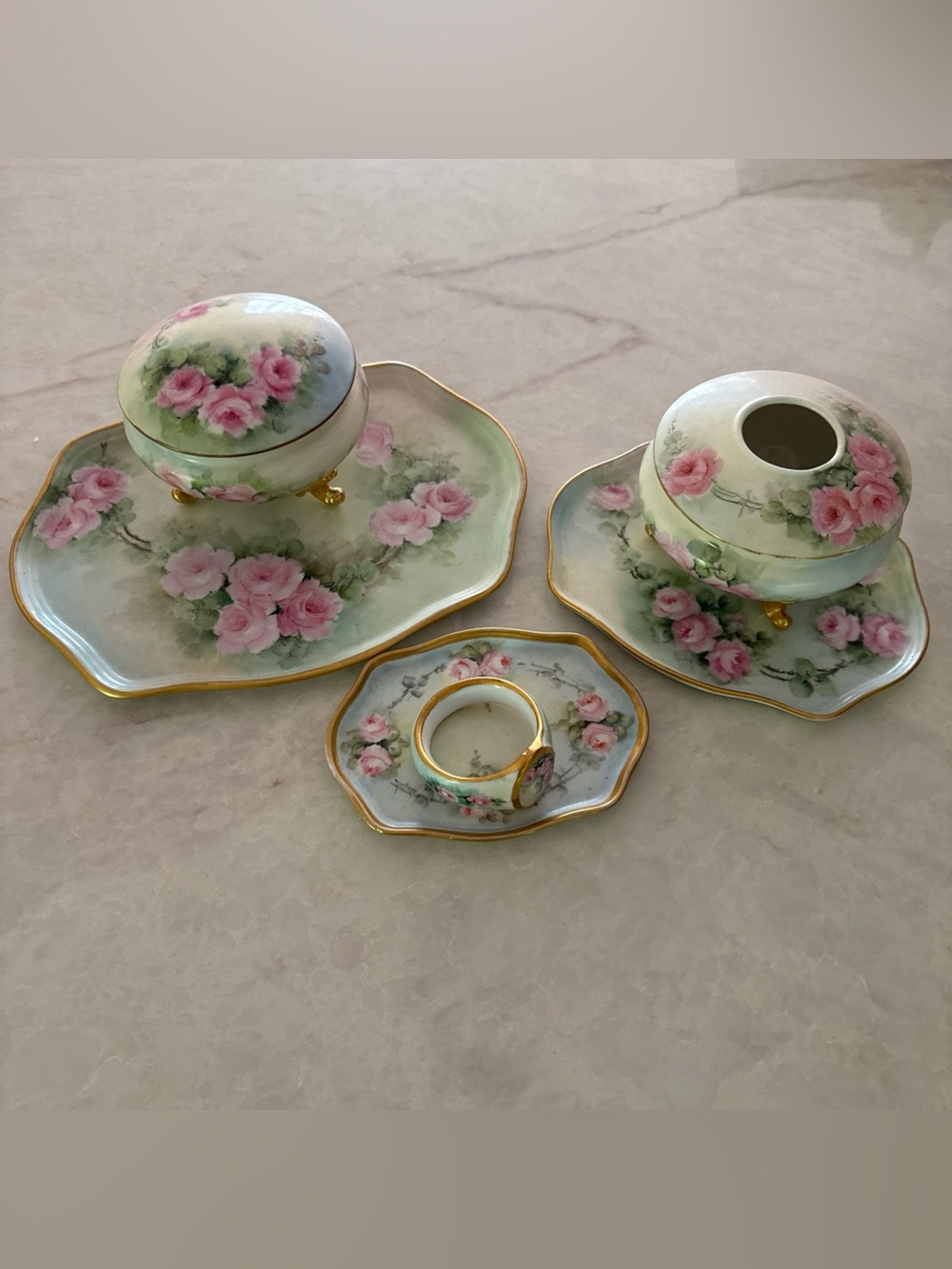 Antique 6 pc Dresser Vanity Set Limoges France Pink Green Rose Floral WG & Co